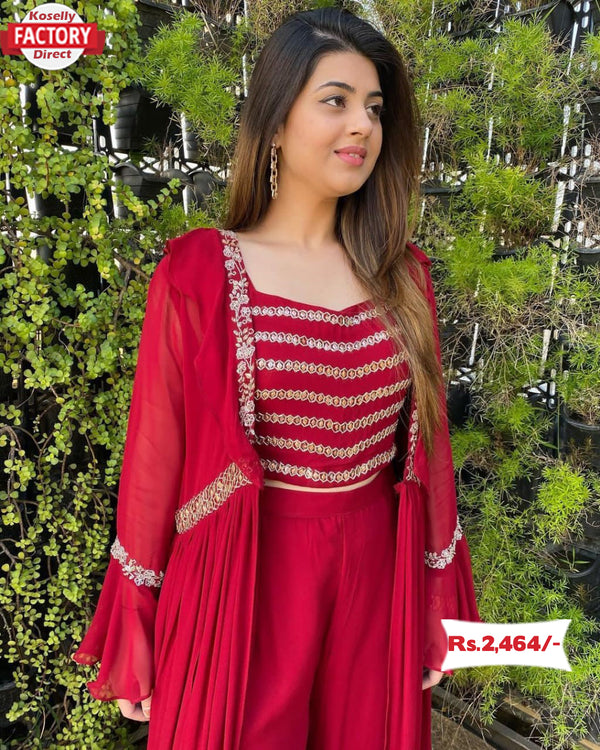 Red Indowestern Shrug Sharara Set