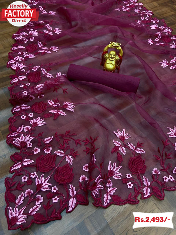 Wine Pure Organza Embroidered Saree