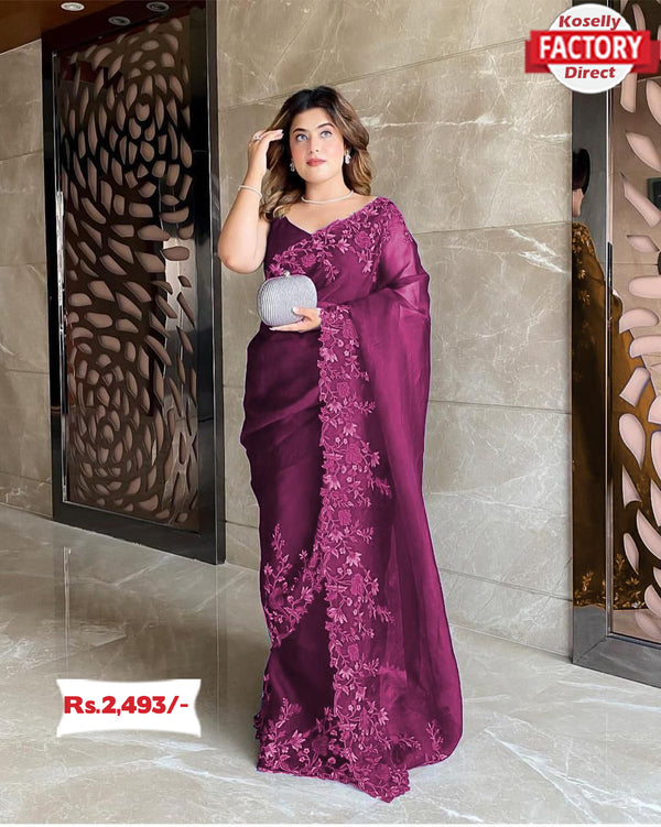 Wine Pure Organza Embroidered Saree