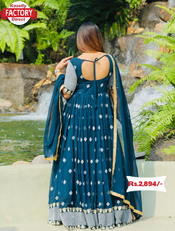 Teal Blue Embroidered Gown with Dupatta