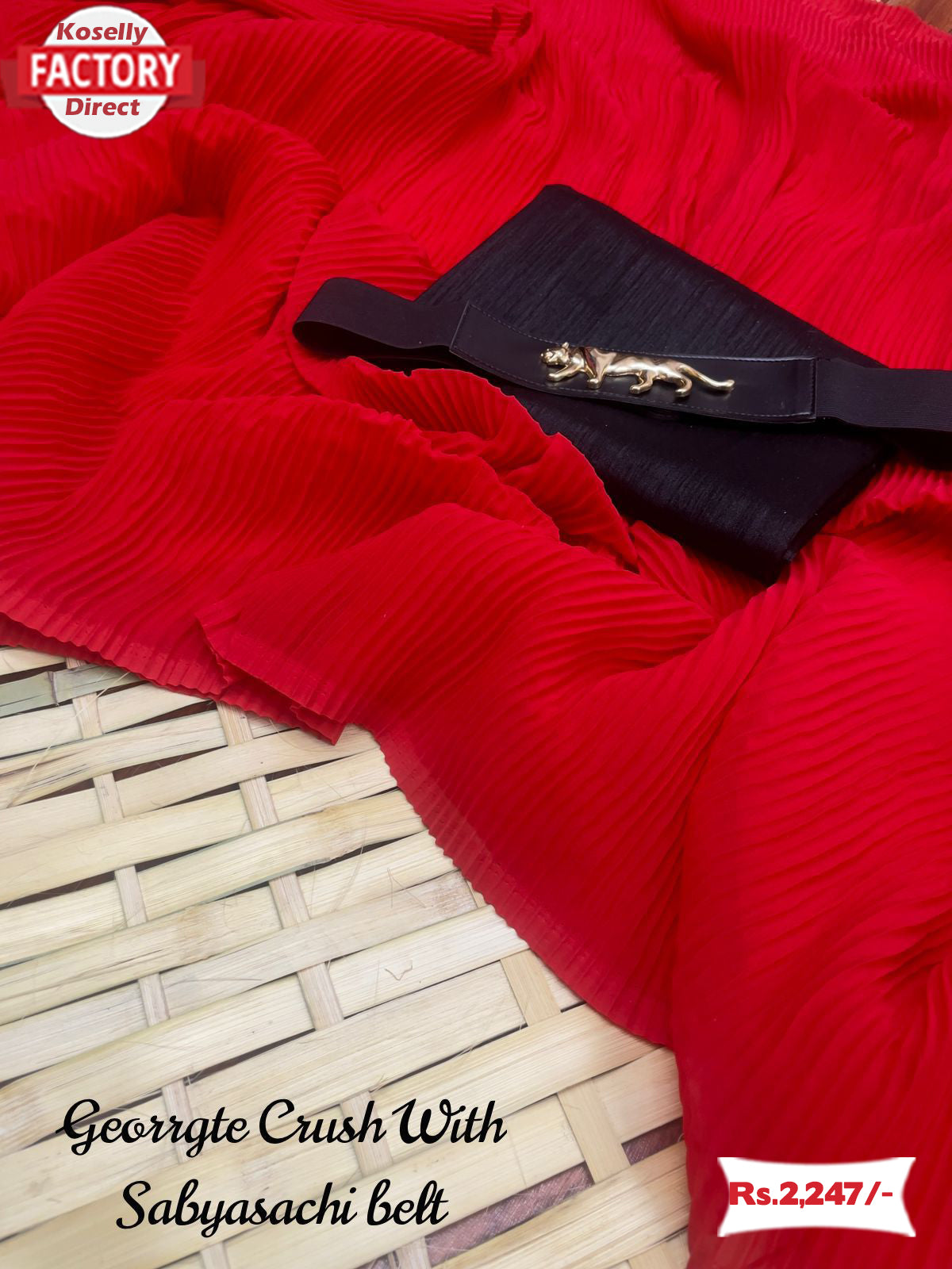 Red Georgette Crush Saree With Sabyasachi Belt