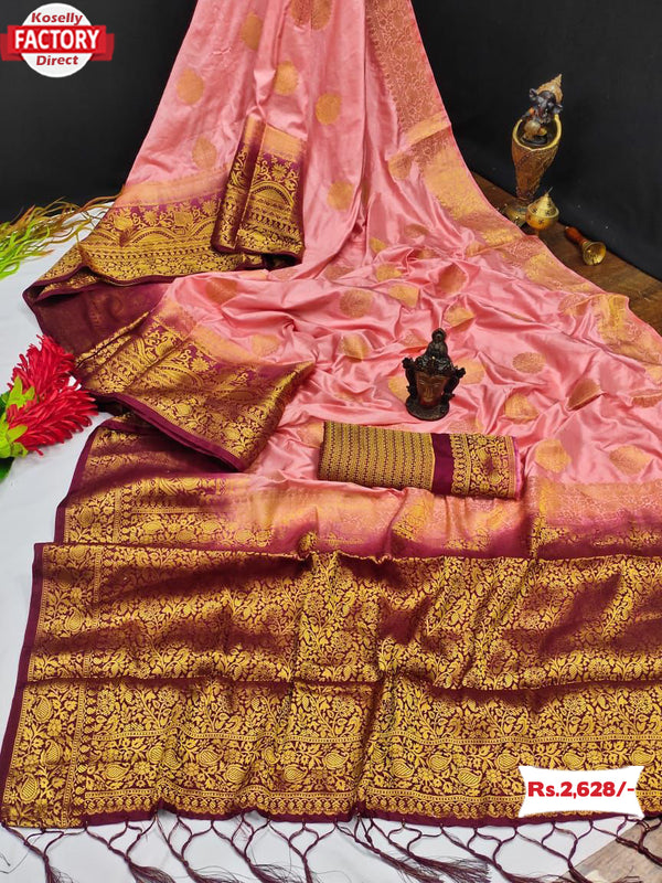 Pink And Wine Pure Dola Silk Saree