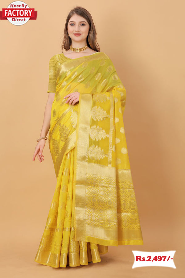 Yellow Pure Organza Banarasi Saree