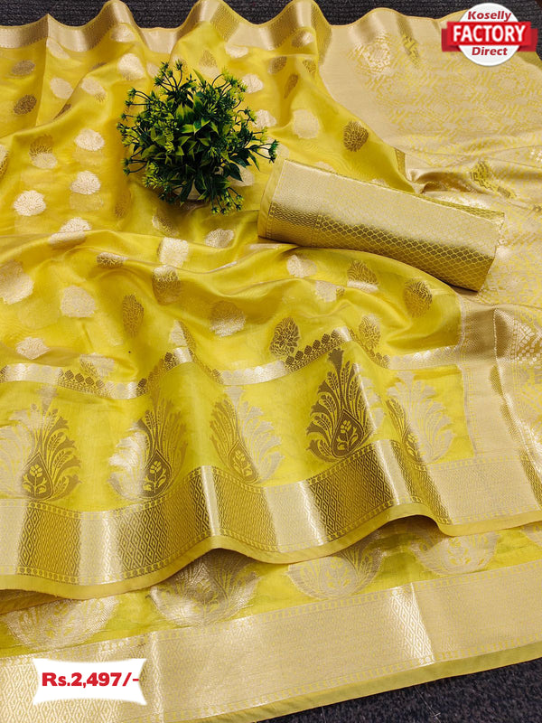 Yellow Pure Organza Banarasi Saree