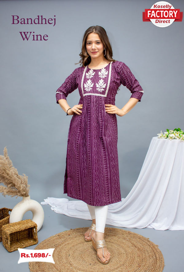 Wine Embroidered Bandej Kurthi Top