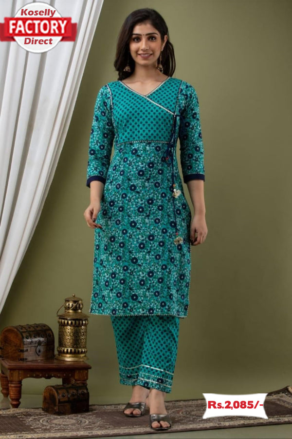 Turquoise Jaipuri Kurthi Pant Set