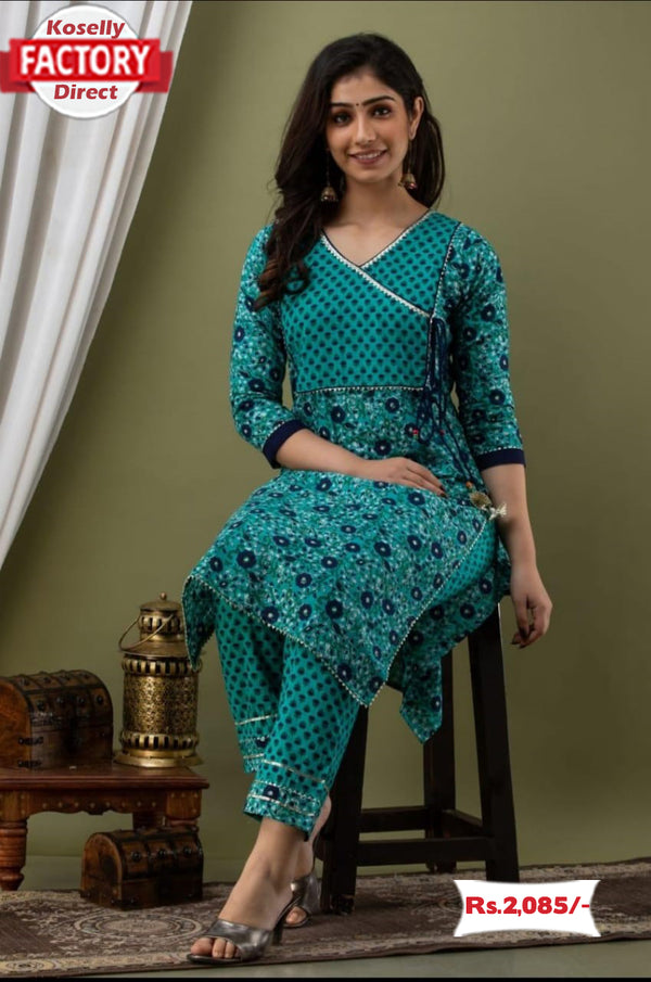 Turquoise Jaipuri Kurthi Pant Set