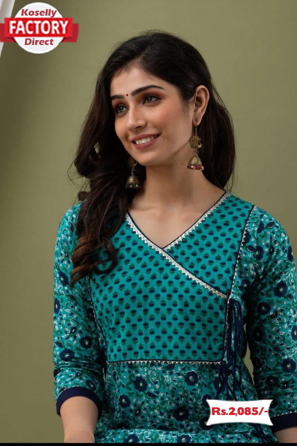 Turquoise Jaipuri Kurthi Pant Set