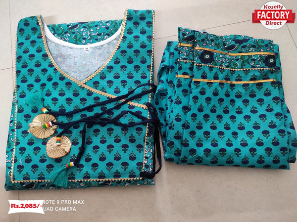 Turquoise Jaipuri Kurthi Pant Set