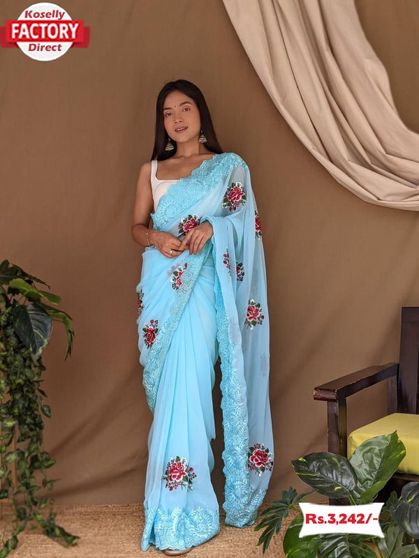 Sky Blue Pure Georgette Silk Partywear Saree