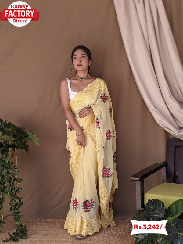 Light Yellow Pure Georgette Silk Partywear Saree