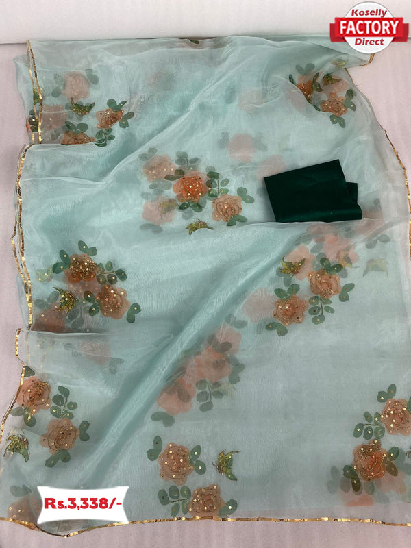 Sea Blue Pure Organza Handwork Partywear Saree