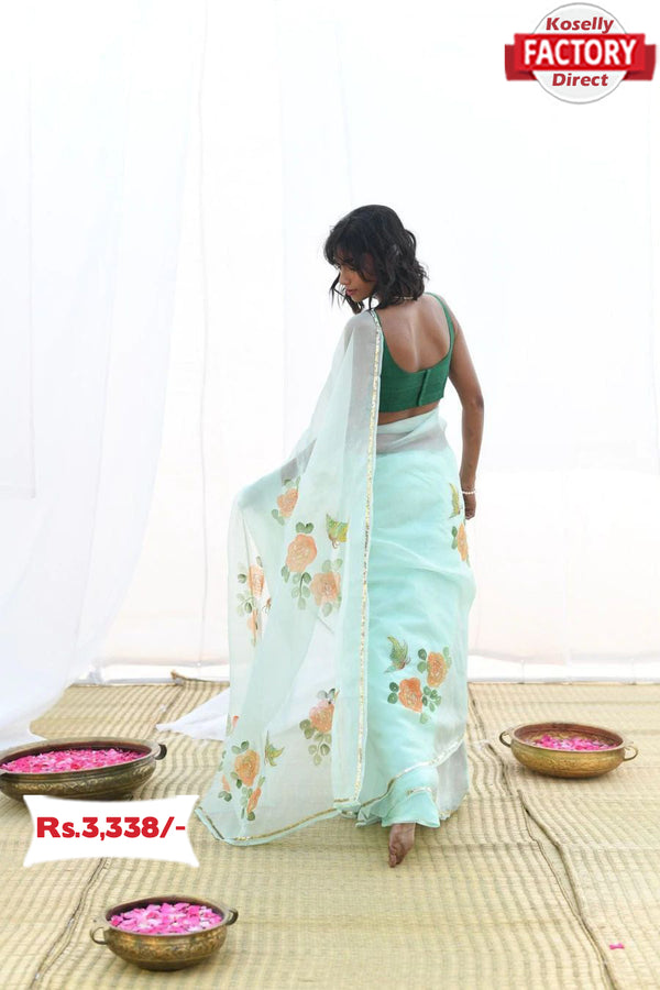 Sea Blue Pure Organza Handwork Partywear Saree