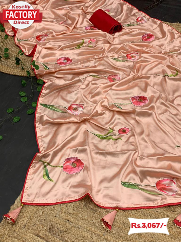 Peach Pure Japan Satin Saree With Handwork