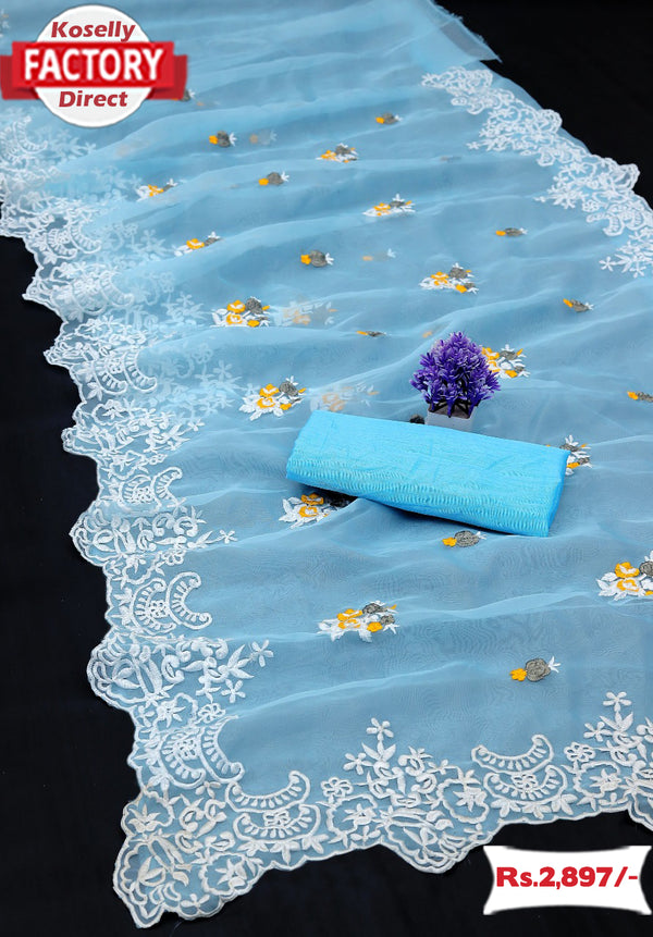 Sky Blue Organza Embroidered Partywear Saree