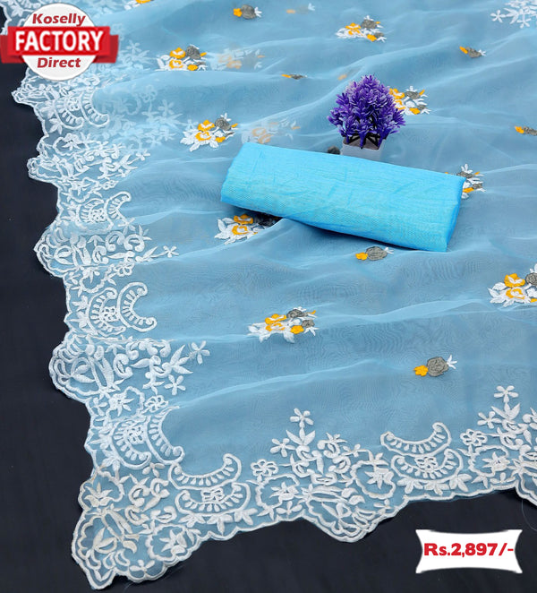 Sky Blue Organza Embroidered Partywear Saree