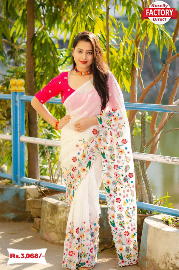 White Georgette Embroidered Partywear Saree