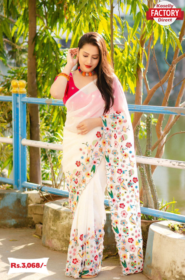 White Georgette Embroidered Partywear Saree