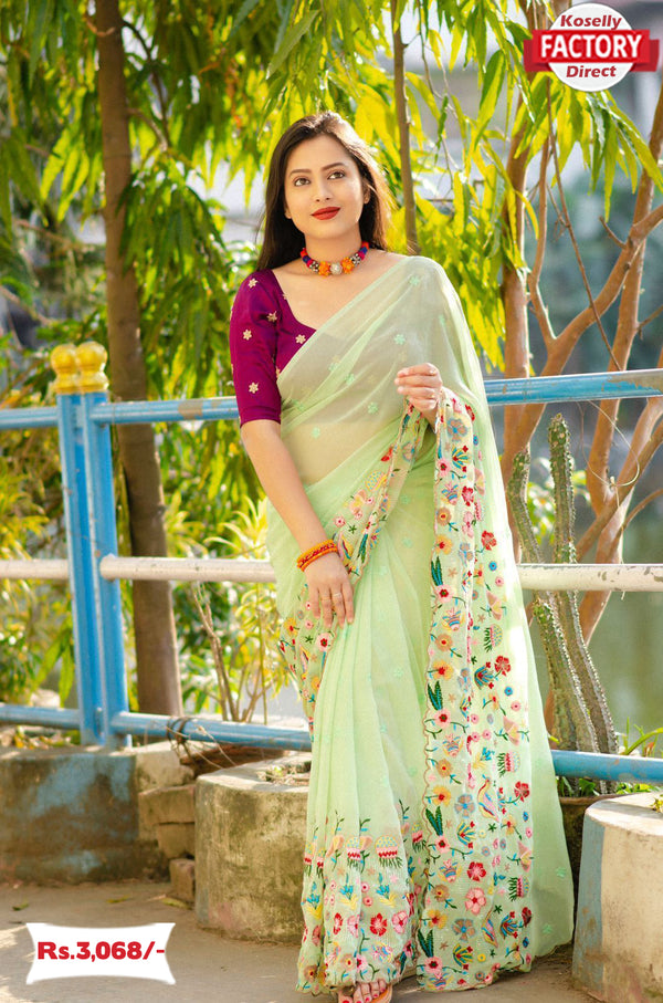 Light Green Georgette Embroidered Partywear Saree