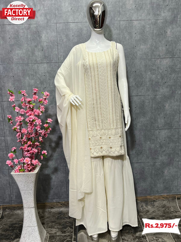 White Partywear Kurtha Sharara Dupatta Set