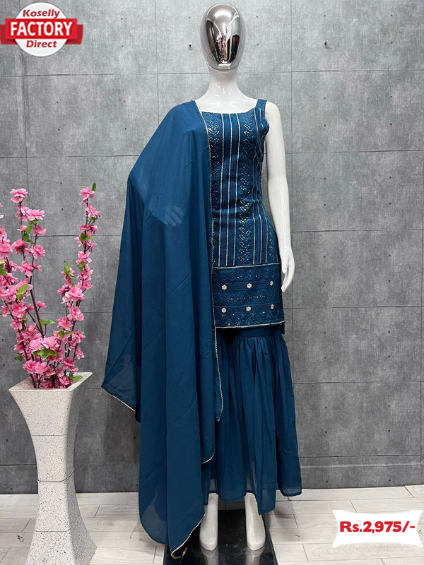 Teal Partywear Kurtha Sharara Dupatta Set