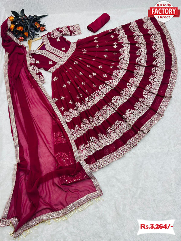 Maroon Partywear Embroidered Gown with Dupatta