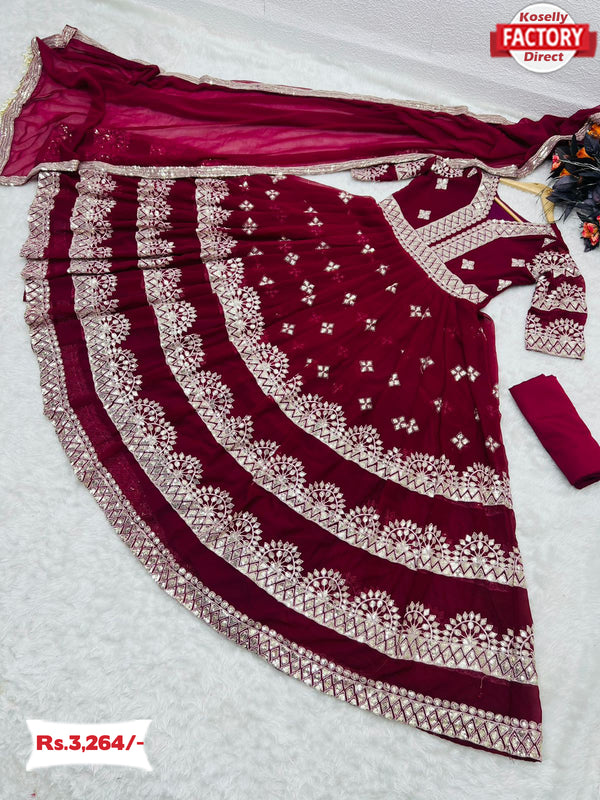 Maroon Partywear Embroidered Gown with Dupatta