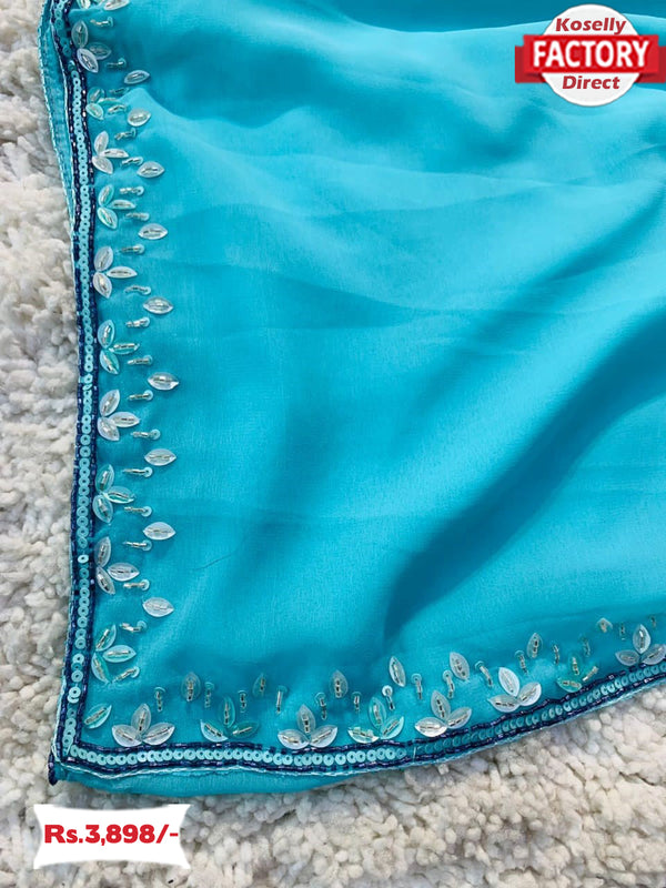 Sky Blue Blooming Chiffon Hand-work Partywear Saree