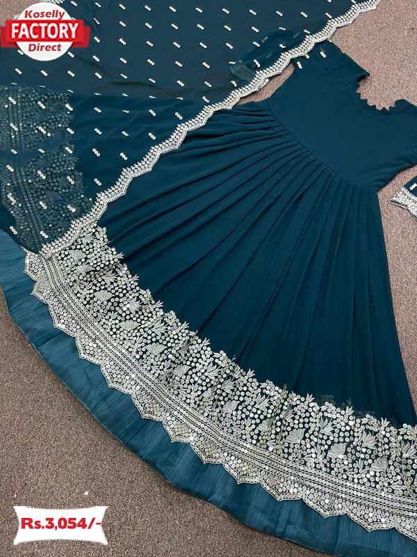 Teal Blue Partywear Gown Dupatta Set