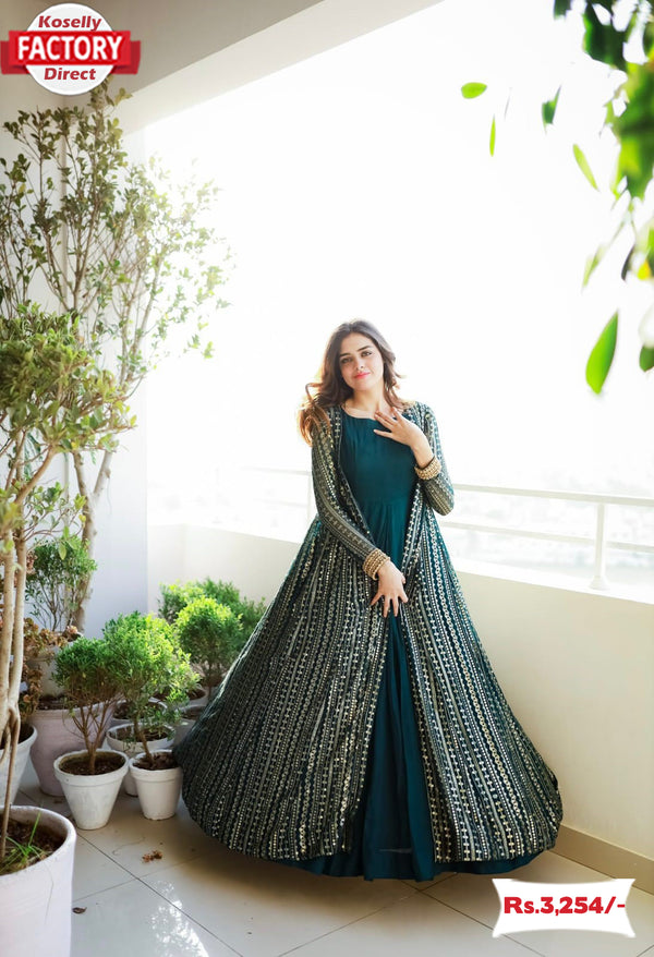 Turquoise Partywear Gown With Long Koti Set Koselly