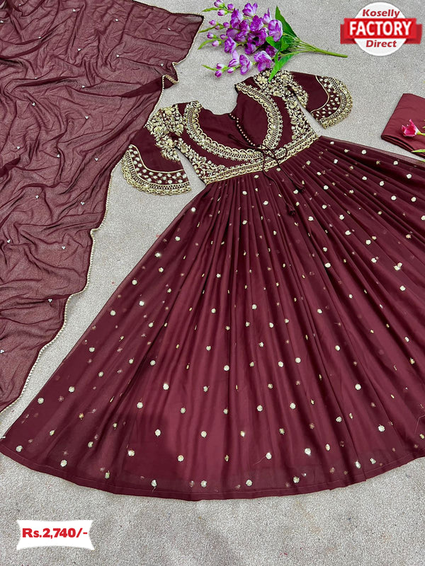 Maroon Embroidered Partywear Gown Dupatta Set