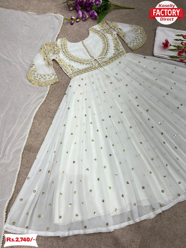 White Embroidered Partywear Gown Dupatta Set