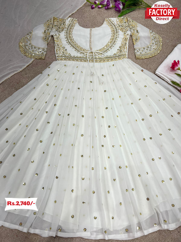 White Embroidered Partywear Gown Dupatta Set