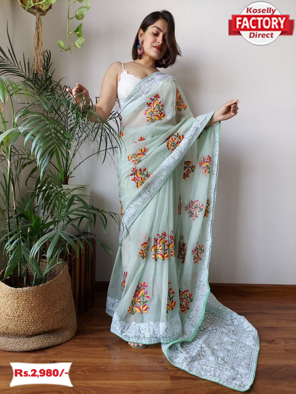 Sea Green Viscose Organza Embroidered Saree