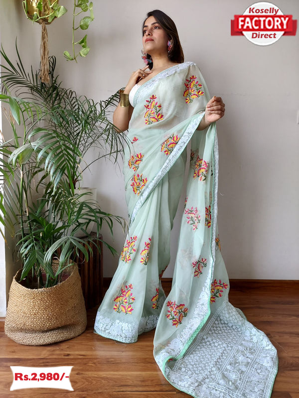 Sea Green Viscose Organza Embroidered Saree