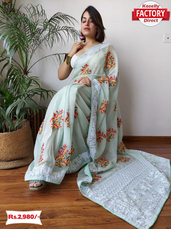 Sea Green Viscose Organza Embroidered Saree