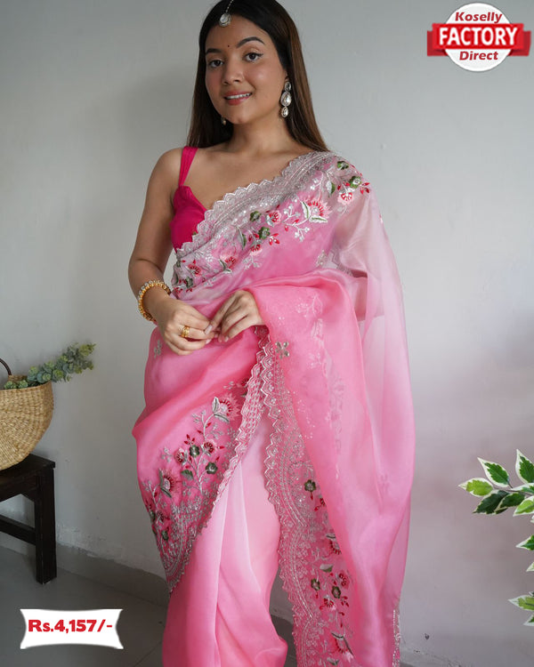 Pink Multi-shaded Pure Organza Partywear Saree