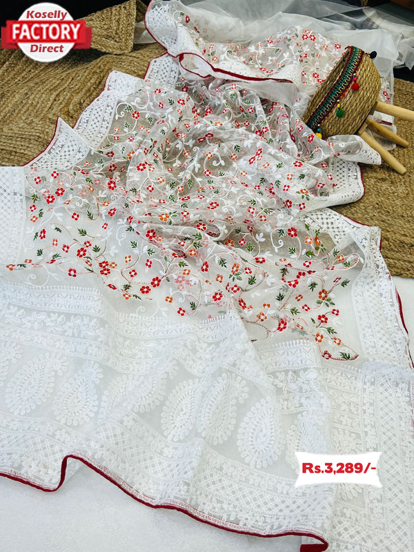 White Pure Organza Chikankari Saree