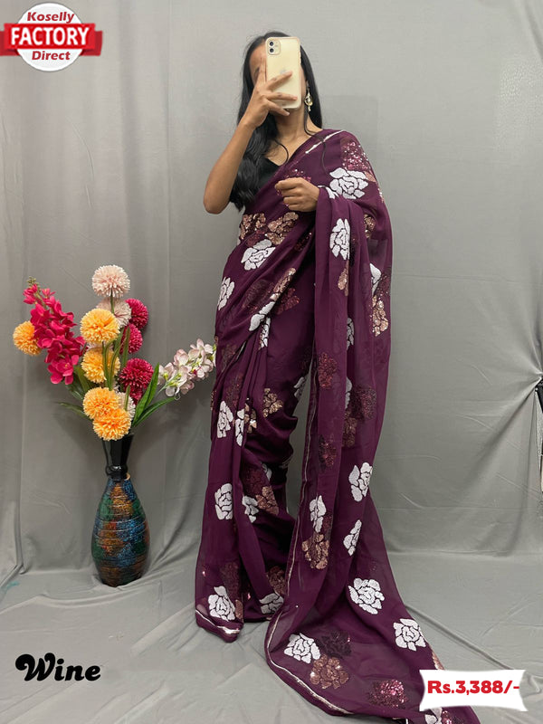 Wine Pure Georgette Sequins Partywear Saree