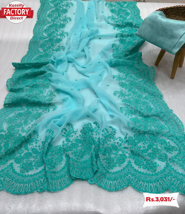 Sky Blue Pure Georgette Saree With Embroidery