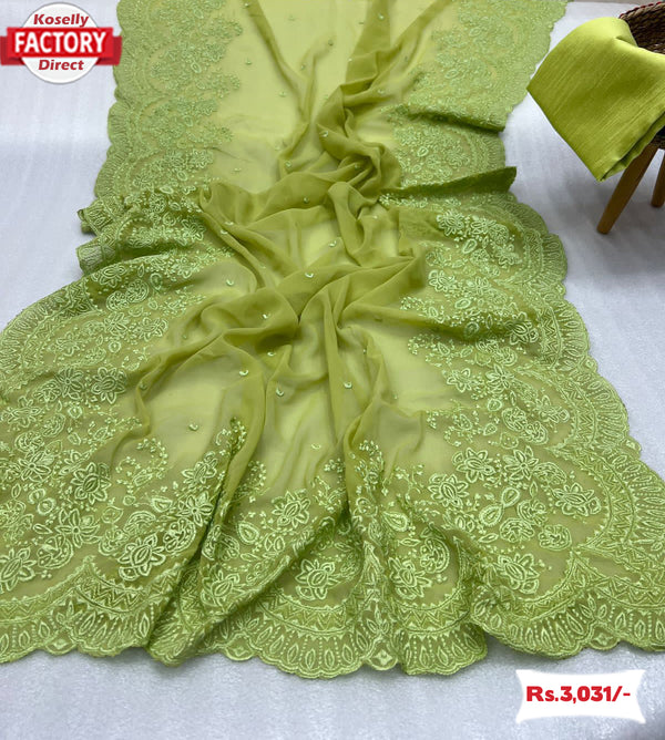 Green Pure Georgette Saree With Embroidery