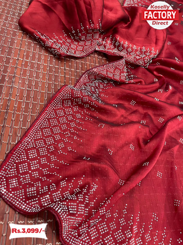 Maroon Stone Work Partywear Fancy Saree