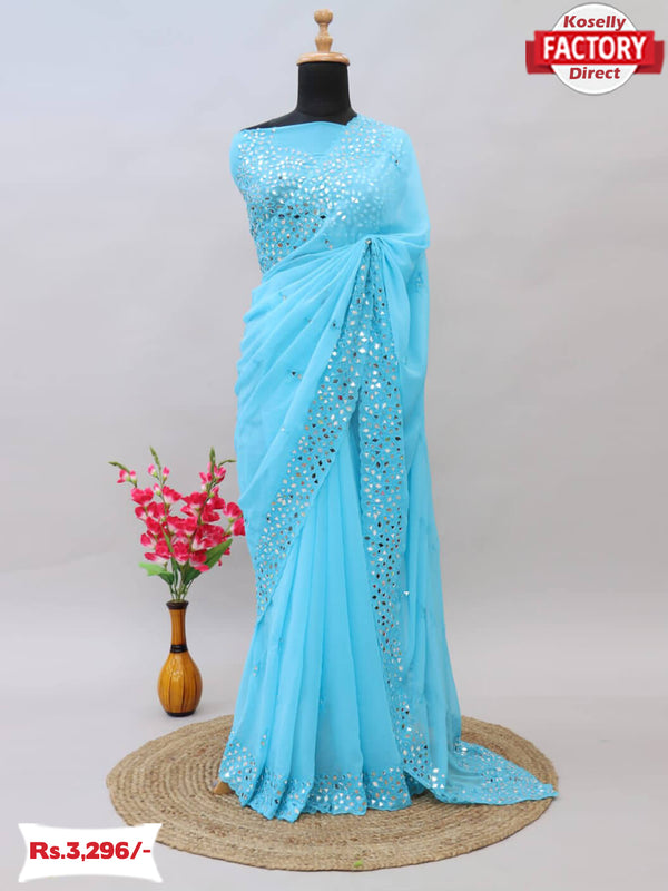 Sky Blue Georgette Real Mirror Worked Saree