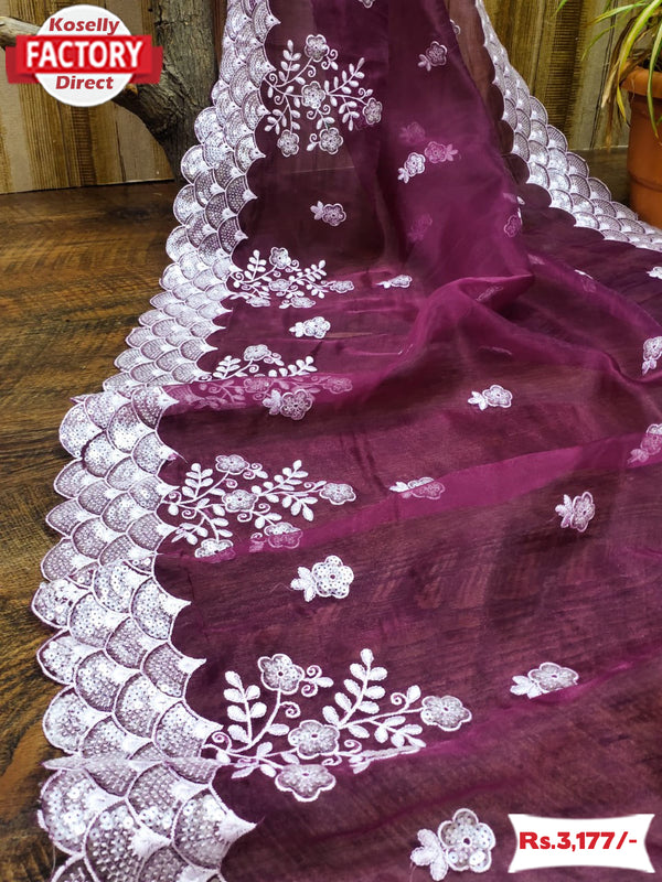 Wine Organza Designer Partywear Saree