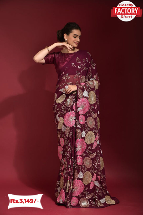 Wine Partywear Georgette Heavy Embroidered Saree