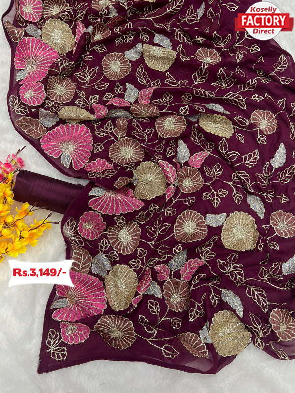 Wine Partywear Georgette Heavy Embroidered Saree